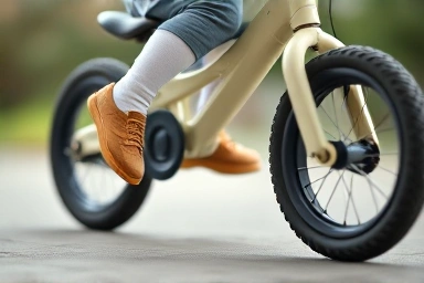 Child's feet pushing off ground on balance bike.