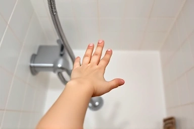 Child's hand safely gripping shower handle in a safe bathroom.