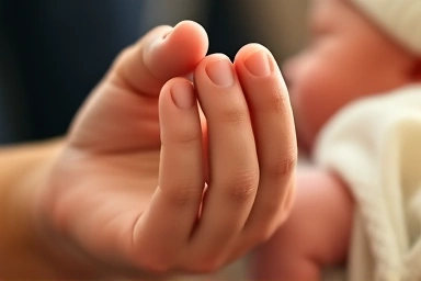 Newborn baby's hand holding parent's finger, new beginnings.