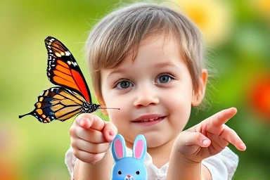 Child exploring nature with educational rabbit pen and book.