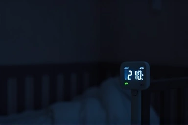Peaceful nursery, gentle thermometer glow, nighttime care.