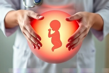 Doctor's hands guiding baby in pregnant silhouette, expert care