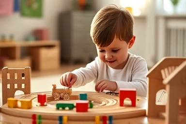 Child playing joyfully with BRIO wooden train set in a bright playroom.