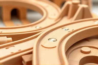 Close-up of high-quality BRIO wooden train track pieces, highlighting craftsmanship.