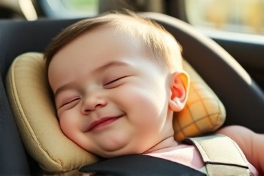 Baby sleeping comfortably in car seat with soft neck cushion.