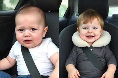 Baby with seatbelt irritation contrasted with happy baby using cushion.