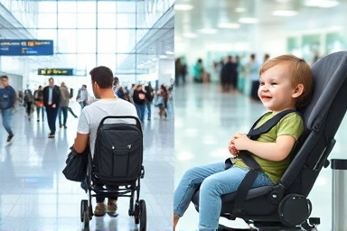 Parent and child enjoying travel with a convenient stroller.
