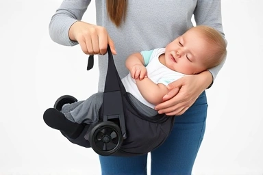 Parent folding a compact travel stroller one-handed