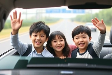 Happy Korean family driving on highway, children waving