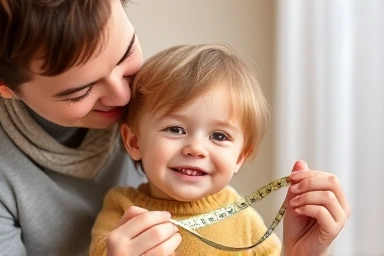 Parent measuring child's head for helmet size