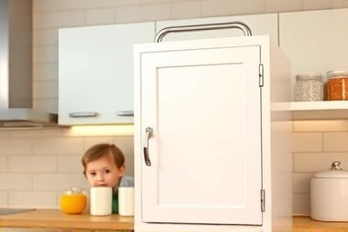 Child-proof medicine cabinet on a high shelf in a kitchen.