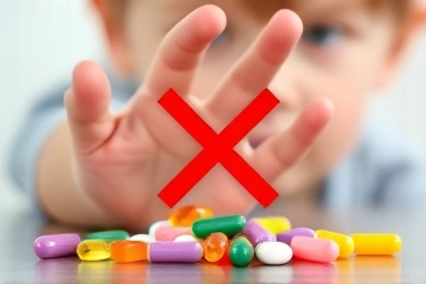 Colorful pills resembling candy, a child's hand reaching out.