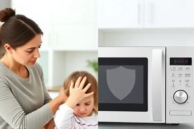 Parent protecting child from microwave button accidents