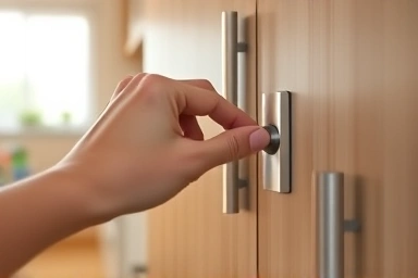 Installing child safety cabinet lock in kitchen.
