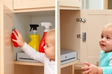 Toddler reaching for cabinet vs. secured cabinet.