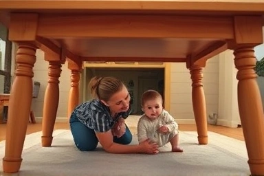 Mother and child practicing earthquake safety drill under a table.
