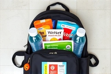 Child's emergency survival backpack with essential supplies.