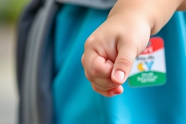 Child's hand holding parent's finger with safety ID tag