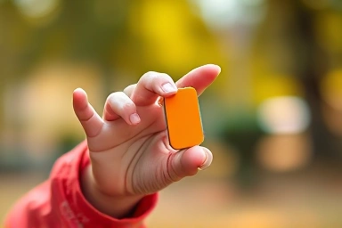Child's hand holding a smart safety tag.