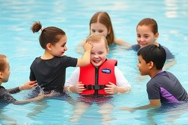 Kids engaged in interactive survival swimming class, learning water safety.