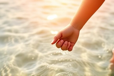 Parent holding child's hand in safe shallow water