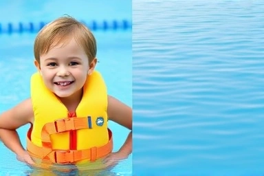 Child wearing life vest, calm water surface