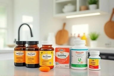 Children's health supplements on a kitchen counter.