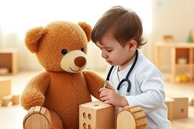 Child playing doctor with teddy bear in playroom