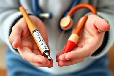 Close-up of child's hands holding wooden toy medical instruments