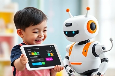 Child programming a friendly robot with a tablet.