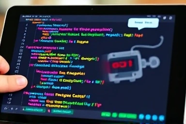 Colorful block code connecting child's hands to a robot.