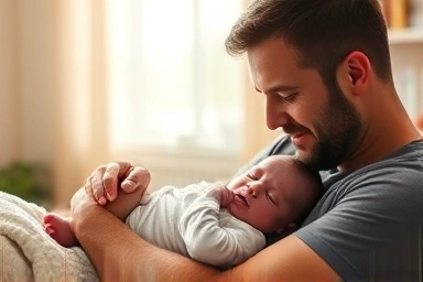 Father bonding with newborn, supportive family atmosphere.