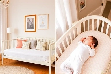 Nursery scenes showcasing daybed's style and bumper bed's infant safety.