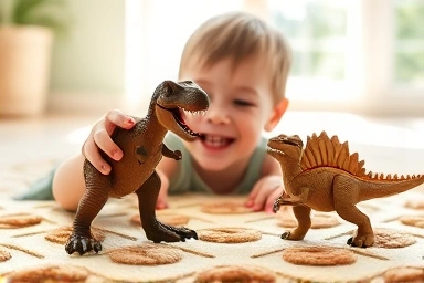 Child playing with realistic dinosaur figures, fostering imagination