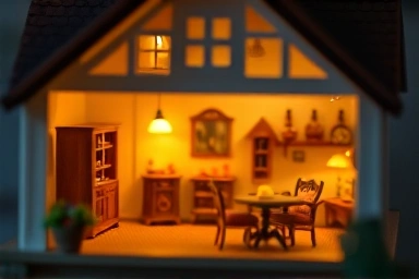 Cozy miniature house interior with warm LED lighting.
