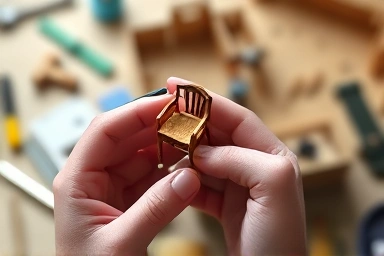 Hands assembling miniature house furniture with tweezers.