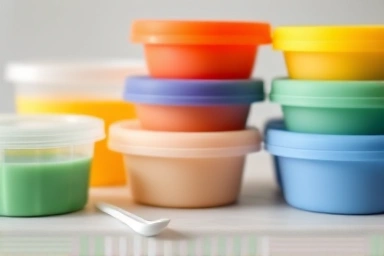 Neatly organized baby food storage containers and spoon.
