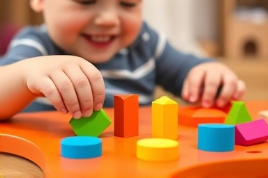 Toddler playing with geometric shape sorter toy