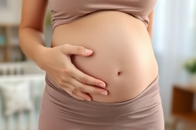 Pregnant woman holding her abdomen, gentle concern