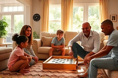 Family laughing and playing board games together happily.