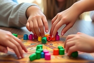 Hands of different ages connecting over board game pieces.