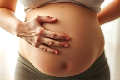 Father's hand on pregnant belly, symbolizing connection