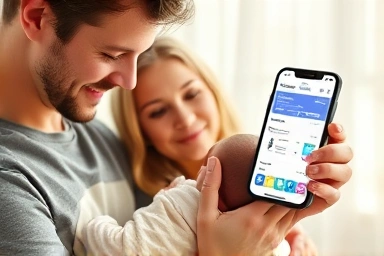 Happy family with newborn receiving government support.