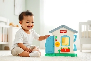 Happy baby playing with Fisher-Price Learning Home toy