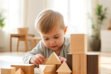 Child playing with wooden geometric blocks, learning through play.