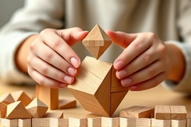 Hands assembling wooden geometric shapes, building mathematical understanding.