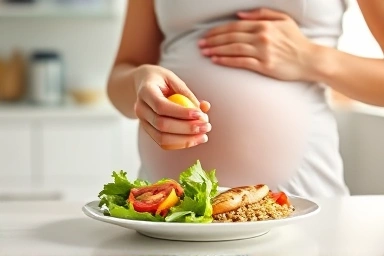 Healthy pregnancy meal with salad, protein, and grains.