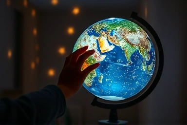 Child touching glowing star globe in a dark room.