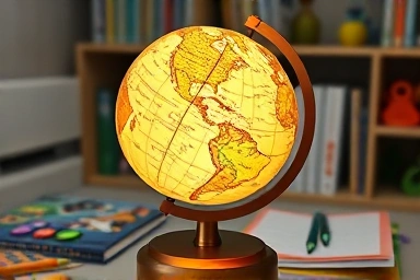 Illuminated star globe on a child's desk with books.