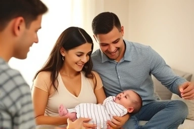 Happy family receiving postpartum care from a helper.